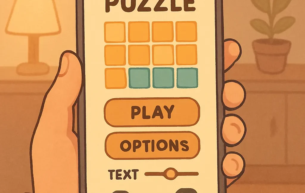 Phone displaying a casual game UI with large buttons, text size slider, and accessibility icons.