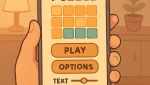 Phone displaying a casual game UI with large buttons, text size slider, and accessibility icons.
