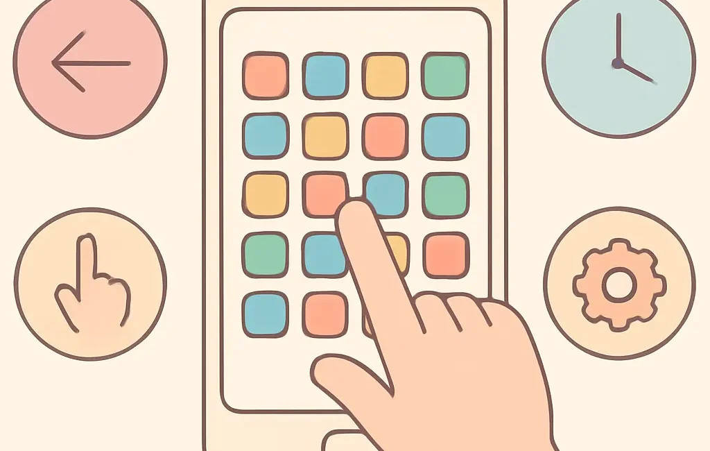 Smartphone with casual puzzle on screen and icons for tap, swipe, clock, and settings in soft pastels