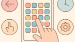 Smartphone with casual puzzle on screen and icons for tap, swipe, clock, and settings in soft pastels