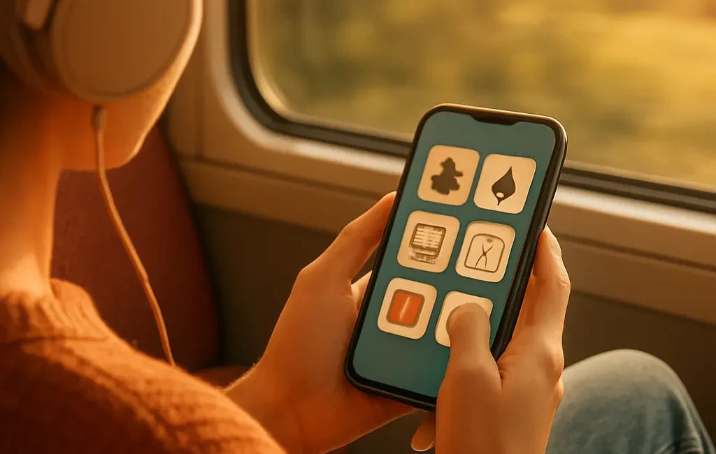 Person playing a casual game on a smartphone while traveling on a train, relaxed and cozy scene.