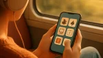 Person playing a casual game on a smartphone while traveling on a train, relaxed and cozy scene.