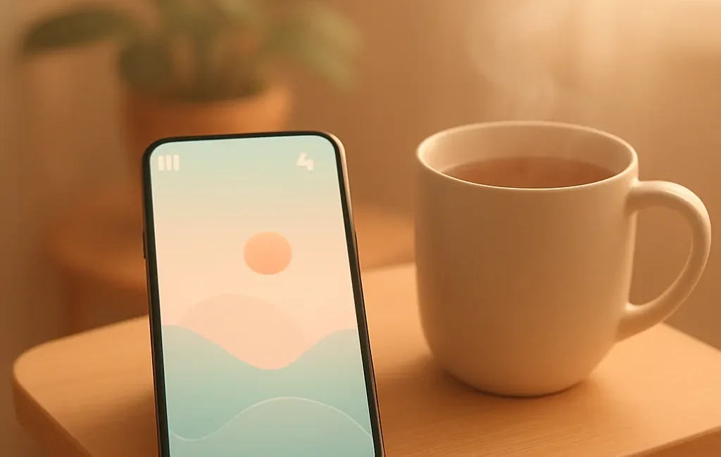 Smartphone on a wooden table showing a minimalist calming mobile game, next to a mug of tea and a small plant