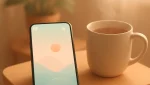 Smartphone on a wooden table showing a minimalist calming mobile game, next to a mug of tea and a small plant