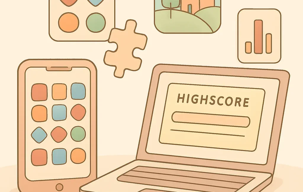 Illustration of casual game icons (match-3 tiles, puzzle piece, farm, card) above a phone and laptop, soft pastel colors.