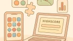 Illustration of casual game icons (match-3 tiles, puzzle piece, farm, card) above a phone and laptop, soft pastel colors.