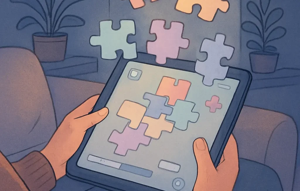 Cozy handheld tablet showing a calm puzzle game, soft lighting and pastel colors.