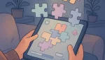 Cozy handheld tablet showing a calm puzzle game, soft lighting and pastel colors.