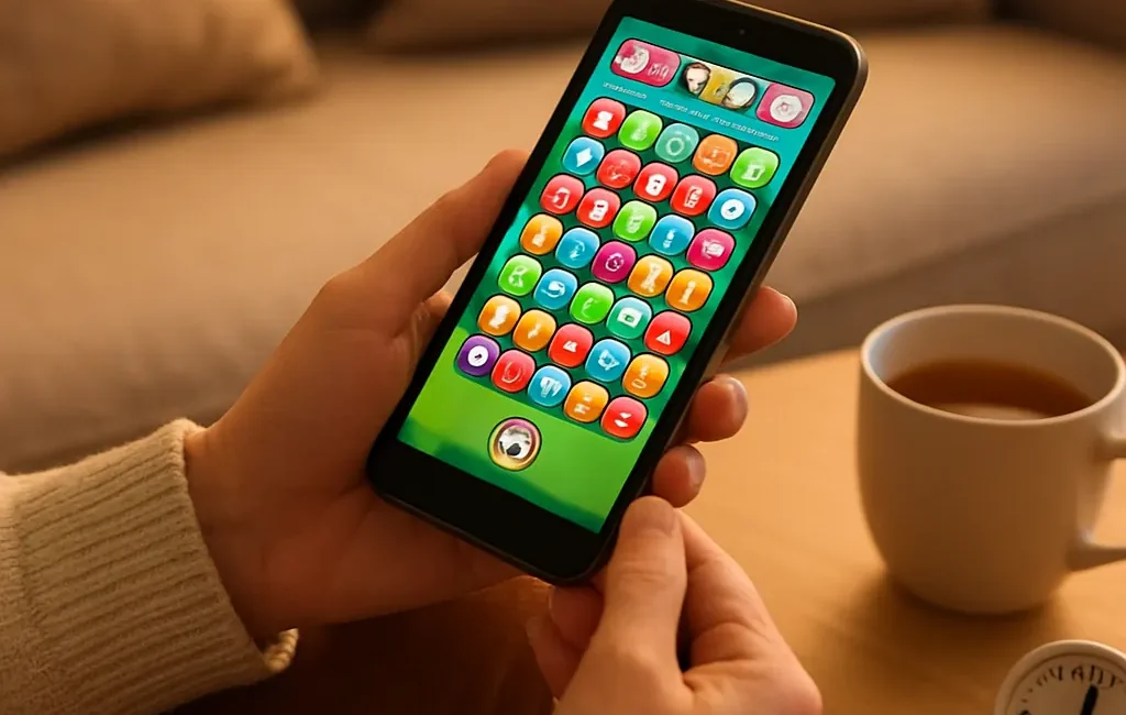 Person holding a smartphone on a couch with a five-minute timer and a cup of tea, relaxed gaming scene.
