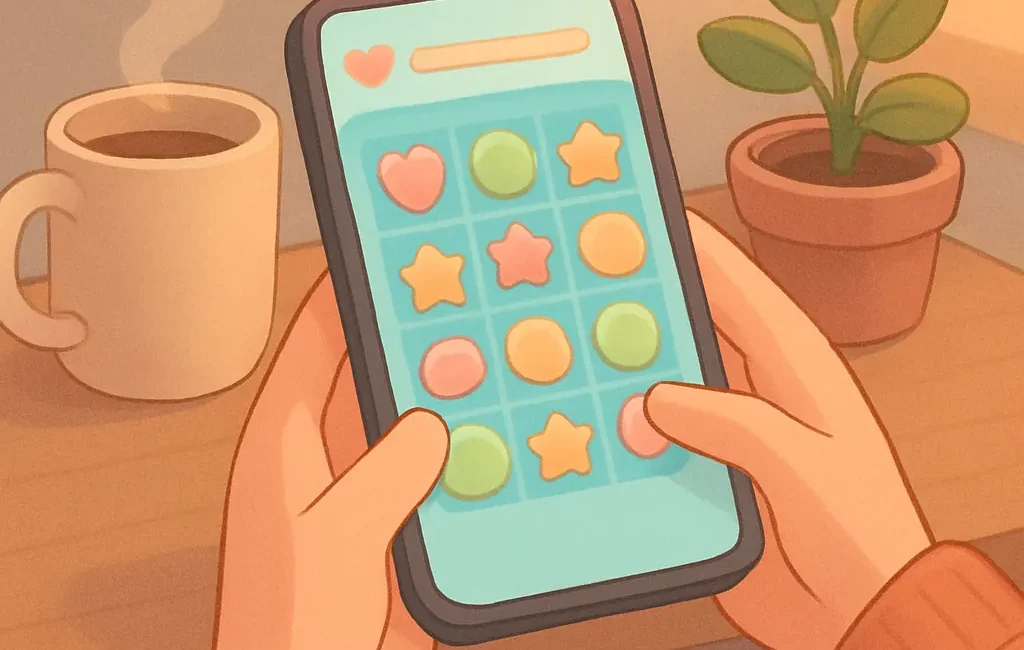 Person holding a smartphone displaying a calm pastel-colored casual game, beside a mug and plant on a tidy desk.