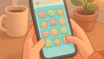 Person holding a smartphone displaying a calm pastel-colored casual game, beside a mug and plant on a tidy desk.