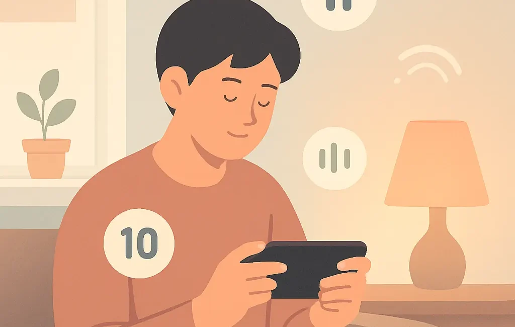 Person playing a calming mobile game in a cozy room with gentle sound waves and simple UI icons indicating peaceful gameplay.