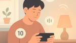 Person playing a calming mobile game in a cozy room with gentle sound waves and simple UI icons indicating peaceful gameplay.