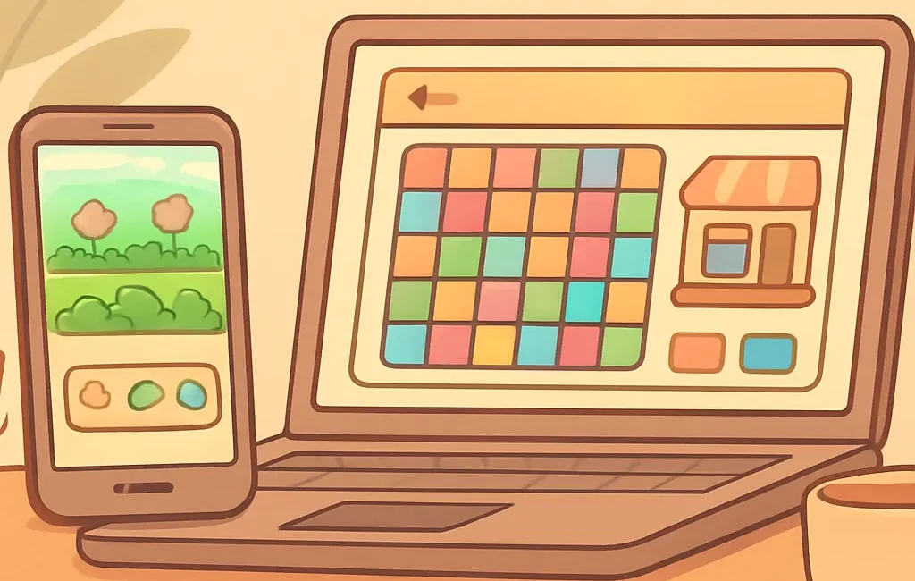 Illustration of a phone and laptop displaying casual game screens with a cozy, relaxed aesthetic.