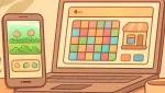 Illustration of a phone and laptop displaying casual game screens with a cozy, relaxed aesthetic.