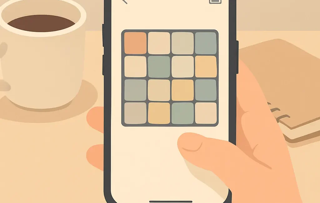 Hand holding phone showing a simple low-power puzzle game, with a battery icon indicating efficient use.