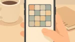 Hand holding phone showing a simple low-power puzzle game, with a battery icon indicating efficient use.