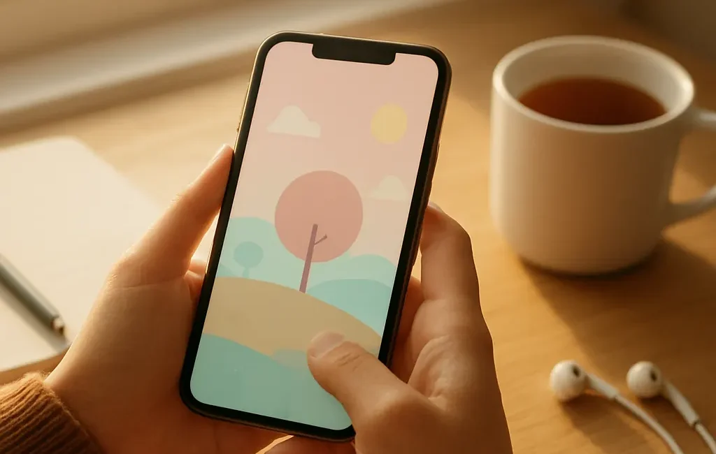 Person holding a smartphone showing a calming pastel game, cup of tea and notebook nearby on a sunny table.