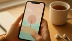 Person holding a smartphone showing a calming pastel game, cup of tea and notebook nearby on a sunny table.