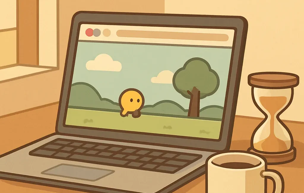 Laptop open to a casual browser game, a 10-minute timer and a coffee mug on a tidy desk