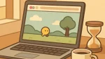 Laptop open to a casual browser game, a 10-minute timer and a coffee mug on a tidy desk
