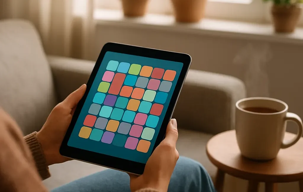 Person on a sofa holding a tablet displaying a colorful calm puzzle game, with a cup of tea and houseplants nearby in a cozy daytime setting.